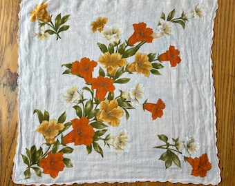 Vintage Handkerchief, Fall Colors, Trumpet Flower Handkerchief