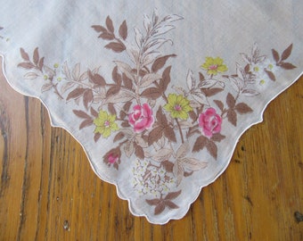 Vintage Handkerchief, Yellow & Pink Flowers, Cotton, Scalloped Edge, 1950's Accessories, Vintage Style, Retro Style, Brown Handkerchief