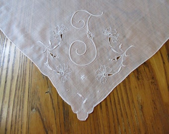 Vintage Monogrammed Handkerchief, J Monogram, White Cotton, Hand Rolled, Silk Embroidered Hankie, Vintage Hanky, J Monogram Handkerchief