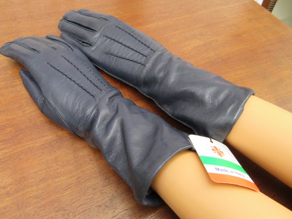 1980s Vintage Portolano Leather Gloves, Navy Blue… - image 2