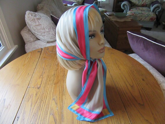 Vintage Kenzo Scarf, Silk, Hot Pink, Aqua, Pewter… - image 4