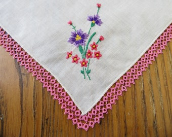 Vintage Handkerchief, Pink Tatting, Purple & Pink Embroidered Flowers, White Cotton, Gift for Her, Tatted Handkerchief, Collectible Hanky
