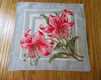 Vintage zakdoek, roze lelies, Art Deco zakdoek, Floral zakdoek, Lily Hanky, retro stijl, collectible zakdoek