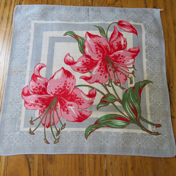 Vintage Handkerchief, Pink Lilies, Art Deco Handkerchief, Floral Handkerchief, Lily Hanky, Retro Style, Collectible Handkerchief