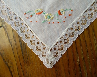 Vintage Handkerchief, Lace Edge, Orange and Yellow Embroidered Flowers,  White Linen, Lace Handkerchief, Floral Handkerchief