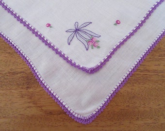 Vintage Handkerchief Set of 2, Purple & Pink Cross Stitch Flowers, Purple Crochet Edging, White Linen, Embroidered Linen Handkerchief