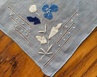 Pañuelo vintage, mezclilla clara, aplique bordado azul marino, blanco, azul, de algodón, regalo para ella, pañuelo de mezclilla