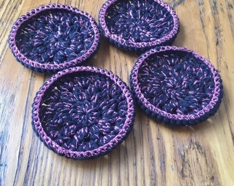 Crochet Coasters, Black and Sparkling Pink, Black and Pink Coasters, Cotton Coasters, Sustainable Decor, Round Cotton Coasters