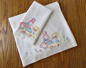 Ropa de cama vintage para bebé, sábana y funda de almohada, patrón de bordado estampado, conejito, bebé vintage, regalo para baby shower, decoración de cuarto infantil, regalo para bebé