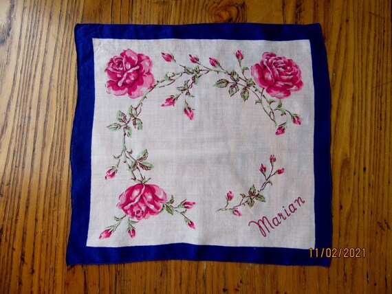 Vintage Handkerchief, Monogrammed Marian, Pink Ro… - image 4