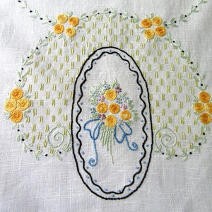 ヴィンテージ リネン テーブルランナー、アイボリー リネン、豊富な刺繍、黄色、青、ラベンダーの花、テーブルランナー、刺繍リネン、ヴィンテージ リネン