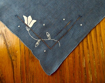 Vintage Handkerchief, Dark Denim, Embroidered Appliqué White Tulip Handkerchief, Cotton, Gift For Her, Accessories, Denim Handkerchief