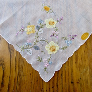 Vintage Handkerchief, Unused/Original Tag, Switzerland, Appliquéd Flowers,Embroidery,Yellow, Pink, Lavender, Blue, Gift For Her, Hand Rolled