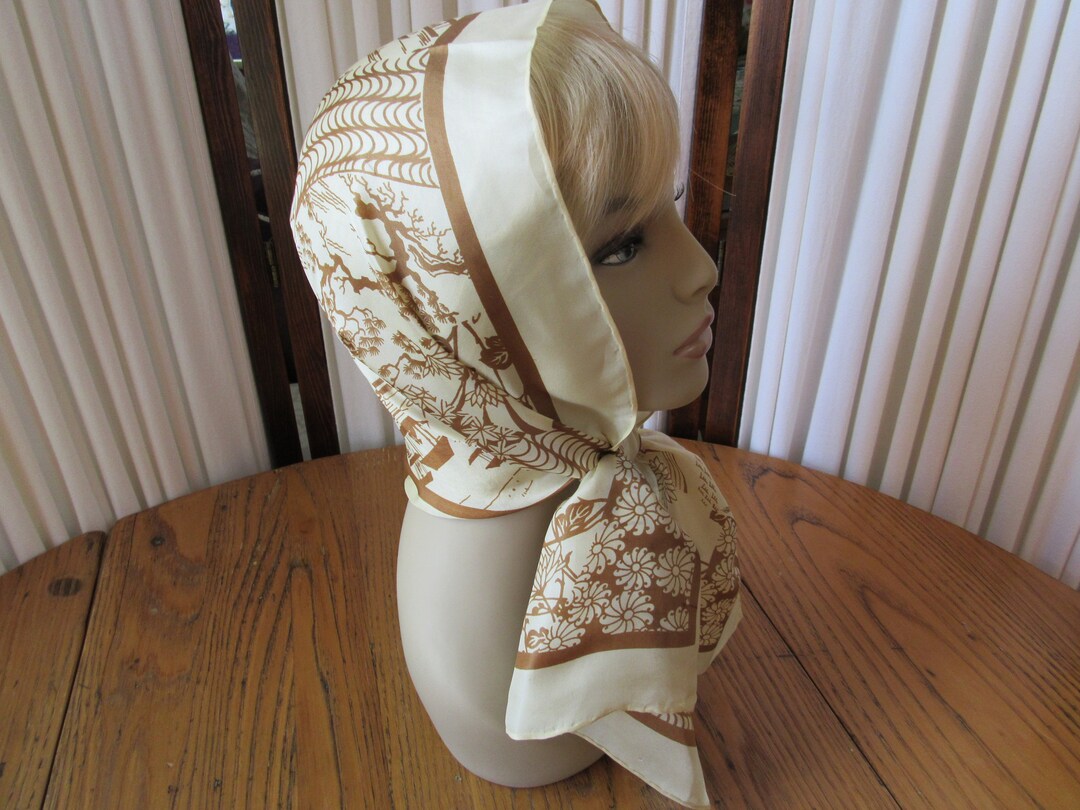 1960's Vintage Glentex Silk Scarf, Asian Art, Beige & Brown, Long