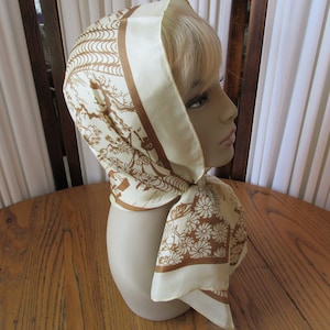 1960&#39;s Vintage Glentex Silk Scarf, Asian Art, Beige & Brown, Long Scarf, Made In Japan, 1960&#39;s Fashion, Bonsai, Sampan