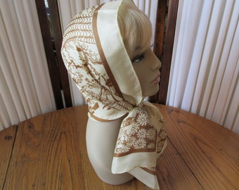 1960's Vintage Glentex Silk Scarf, Asian Art, Beige & Brown, Long Scarf, Made In Japan, 1960's Fashion, Bonsai, Sampan