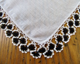 Vintage Handkerchief, Black & White, Linen, Crochet Edge, Black White Accessories, Gift For Her, Collectible Hanky, Handmade Gift, Unique