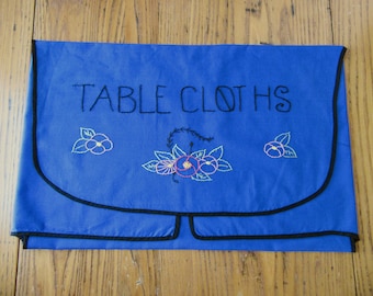 Vintage Tablecloth Holder, 20 1/2" x 13 1/3", Blue Linen Blend, Black Edging, Handmade, Hand Embroidered, Rare Linen, Collectible Linens