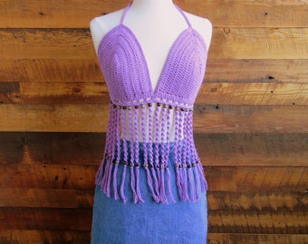 Crochet Halter Top, Purple, Beaded, Festival Top, Cotton, Hand Made, Beaded Halter Top, Crochet Summer Top, Boho Top, Crop Top, Trending