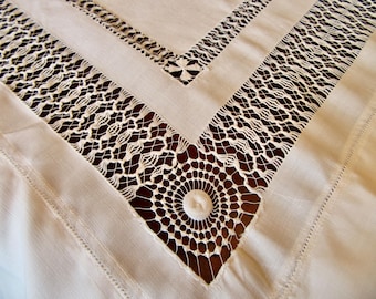 Vintage White Cotton Tablecloth, 39" x 36", Drawn Work, Tenerife Lace Corners, Card Tablecloth, Square Table Cloth, Small Tablecloth