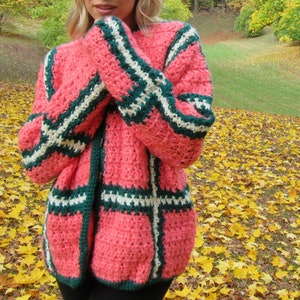 Handmade Cardigan, Bulky, Size Large, Sweater, Coral, Green, Cream, Bulky Winter Sweater, Warm Sweater, Oversized Sweater image 1