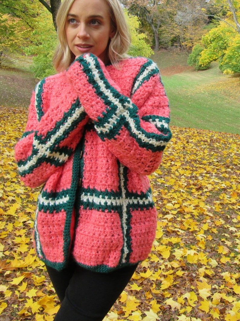 Handmade Cardigan, Bulky, Size Large, Sweater, Coral, Green, Cream, Bulky Winter Sweater, Warm Sweater, Oversized Sweater image 1