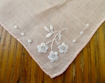 Vintage Handkerchief, Peach Linen, White Silk Embroidery, Flowers, Floral Handkerchief, Peach Handkerchief, Hand Rolled, Gift For Her