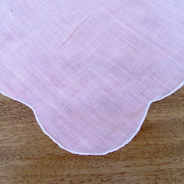 1950s Vintage Handkerchief, Pink Linen, Scalloped Edge, Hand Rolled and Stitched,Pink Handkerchief, Retro Accessories, Pink Hanky