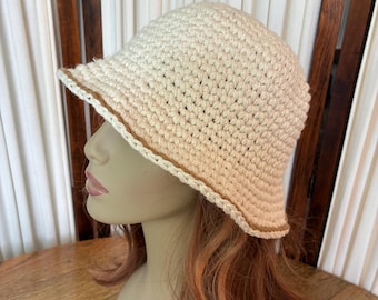 Crochet Bucket Hat, Natural Beige with Tan, Cotton Crochet Bucket Hat, Festival Hat, Summer Hat, 100% Cotton