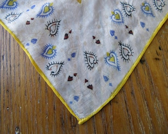 Fazzoletto di seta vintage, seta bianca trasparente, bordo giallo arrotolato e cucito a mano, fazzoletto da collezione, regalo per lui, fazzoletto blu giallo