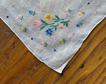 Vintage Handkerchief, Embroidered Flowers, Pink, Blue, Yellow, Small Handkerchief, Flowered Hanky, Collectible Hanky