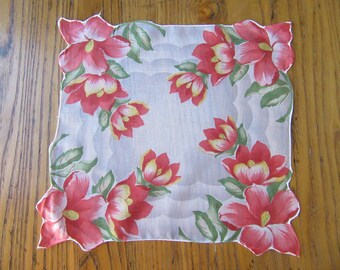 Vintage Handkerchief, Red Camillia Flower, Red Floral Handkerchief, Yuletide Camillia, Retro Accessories, Hand Rolled & Stitched, Christmas