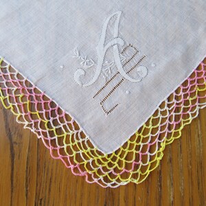 1940s Vintage A Monogrammed Handkerchief, Madeira Linen, A Monogram, Wedding Handkerchief, White Handkerchief, Pink & Yellow Handkerchief