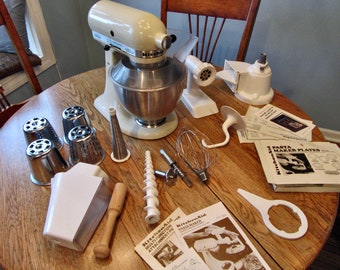 Vintage 1970s KitchenAid Mixer, Vintage Mixer, Pasta Maker Plate Set, Multifunction Mixer Attachment Pan and much more! Instruction Booklets