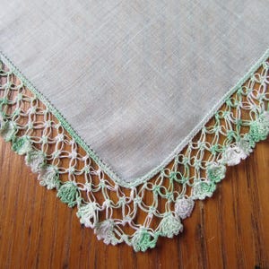 Vintage Mint Green Handkerchief, Netted Crochet Edging, Linen Handkerchief, Light Green Handkerchief, Green Handkerchief, Gift For Her
