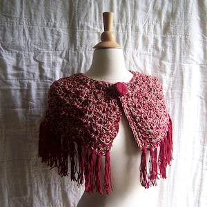 Crochet Cape, 100% Cotton, Red & Beige, Fringe, Crochet Button, Retro Style, Boho Chic, Crochet Fashion, Cotton Cape, Red Cape