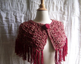 Crochet Cape, 100% Cotton, Red & Beige, Fringe, Crochet Button, Retro Style, Boho Chic, Crochet Fashion, Cotton Cape, Red Cape