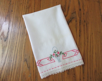 Vintage Huck Linen Towel, Embroidered Flowers, Pink, Blue, Green, Huck Linen Hand Towel, Vintage Tea Towel, Vintage Decor, 1930s Linens