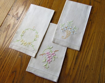 Vintage Irish Linen Show Towels, Set of 3, Hand Embroidered, Pink, Yellow, Appliquéd Flowers, Hand Towels, Floral Guest Towels, Wedding Gift