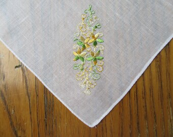 Vintage Handkerchief, Lime Green and Amber Silk Embroidered Flowers, Floral Hanky, Gold & Green Handkerchief, Retro Accessories