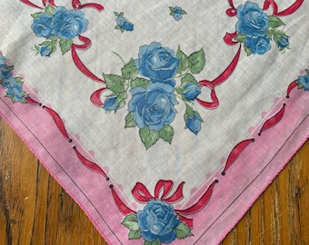 Pañuelo vintage, rosas azules, rosa sandía, bígaro, algodón, pañuelo rosa y azul, pañuelo vintage, pañuelo floral vintage, regalo