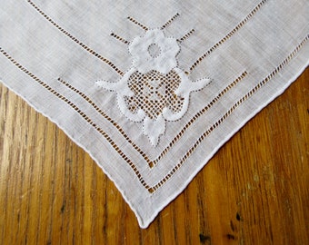 Antique Wedding Handkerchief, Ivory, Floral Applique, Linen Handkerchief, Pull Work, Ivory Handkerchief, Something Old, Gift for Her