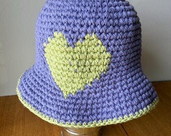 Hand Crocheted Bucket Hat, Heart Bucket Hat, Purple, Green, Festival Hat, Summer Hat, 100% Cotton