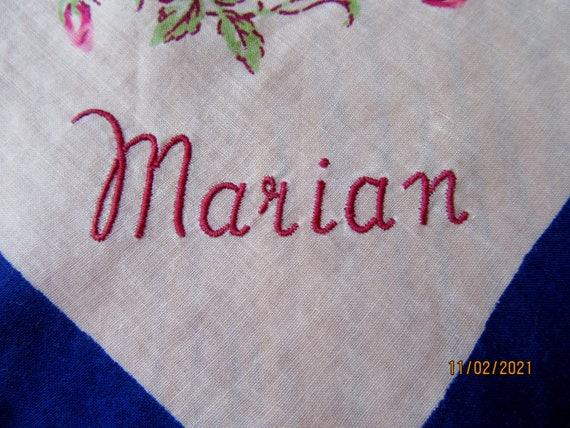 Vintage Handkerchief, Monogrammed Marian, Pink Ro… - image 2