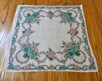 Vintage Handkerchief, Zinnias, Floral Handkerchief, Lavender, Teal, Aqua, Yellow, Accessories, Collectible Hanky, Printed Handkerchief, Gift