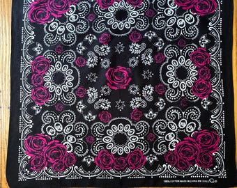 Vintage 1980s Elephant Brand Bandana, Black and White with Pink Roses, 100% Cotton, Made In China, RN13962
