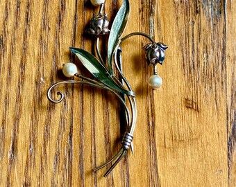 Broche vintage Van Dell, plata de ley con baño de oro de 12 quilates, oro amarillo y rosa con perlas, joyería de la década de 1940.