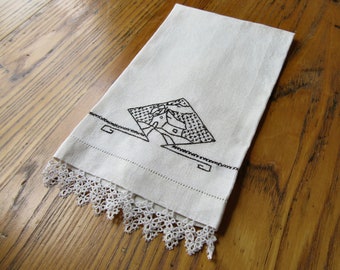 Vintage Linen Towel, Hand Towel, Black & Ivory, Embroidered House, Gift for Her, Retro Bathroom Decor, Vintage Decor, Irish Linen Towel