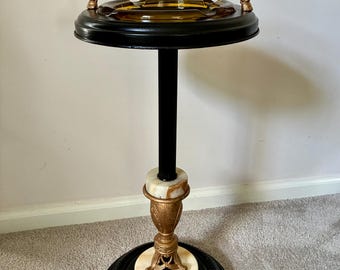 Vintage Hollywood Regency Standing Ashtray, Art Deco, Cast Iron, Brass, Marble, Amber Glass Ashtray