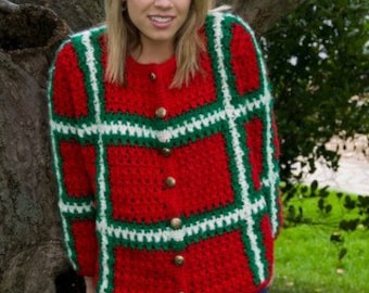 Over Sized Sweater, Medium, Red Plaid Sweater, Plaid Sweater, Bulky Sweater, Bulky Cardigan, Red and Green Sweater